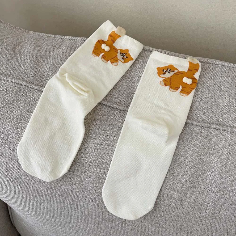3 Pairs Cute Cat Socks with Pom Poms Soft Cotton - Image 13