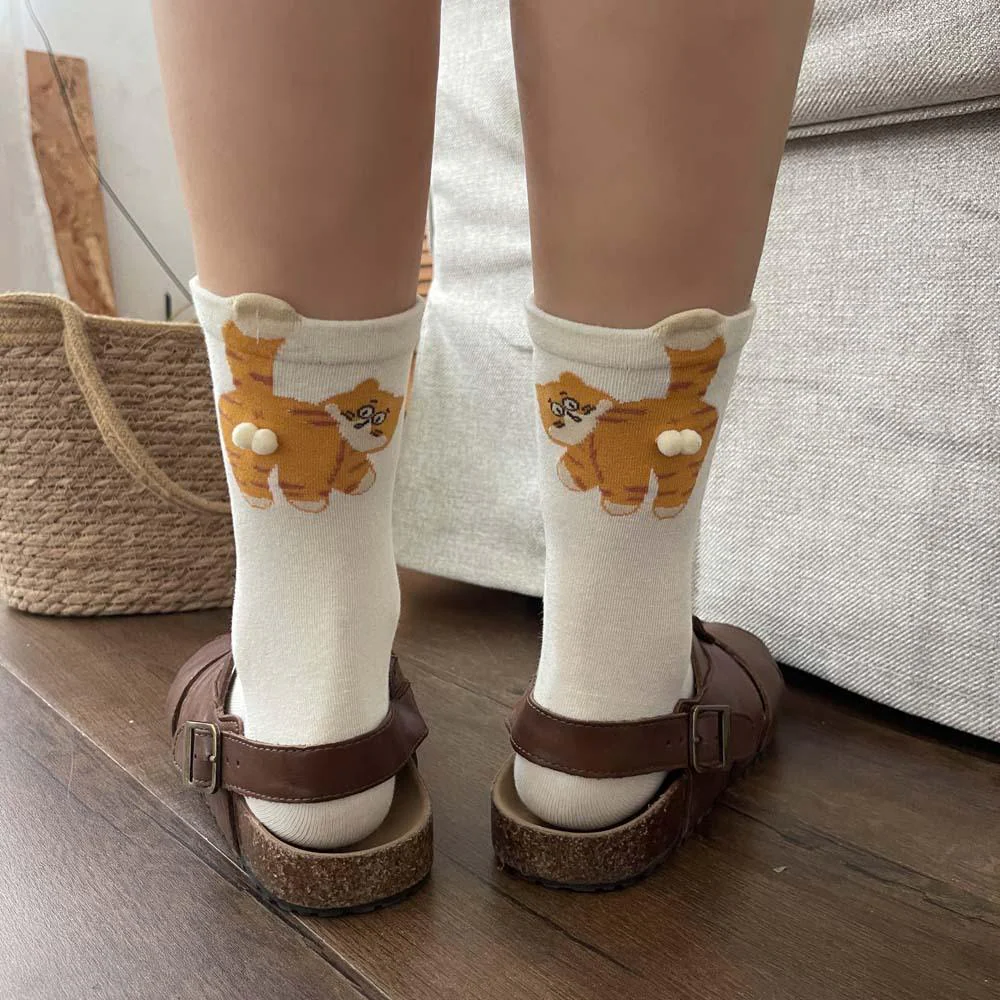 3 Pairs Cute Cat Socks with Pom Poms Soft Cotton - Image 2