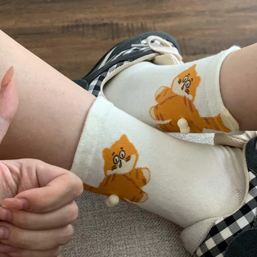 3 Pairs Cute Cat Socks with Pom Poms Soft Cotton - Image 3