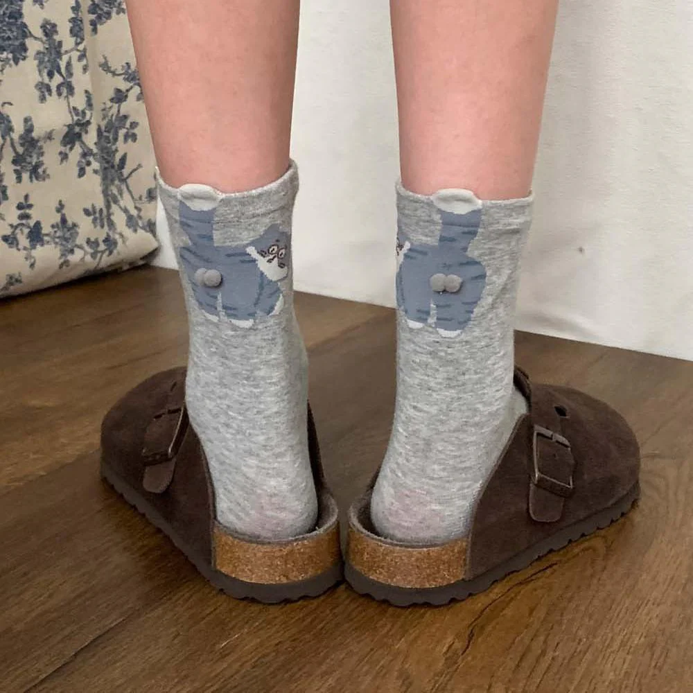 3 Pairs Cute Cat Socks with Pom Poms Soft Cotton - Image 4