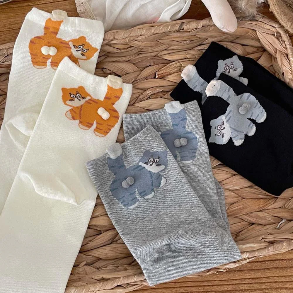 3 Pairs Cute Cat Socks with Pom Poms Soft Cotton - Image 9