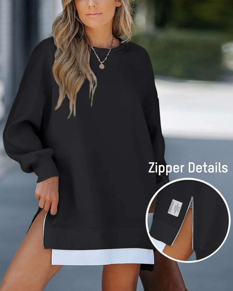 Casual Long Sleeve Zipper Slit Oversized Sweatshirt - Image 14