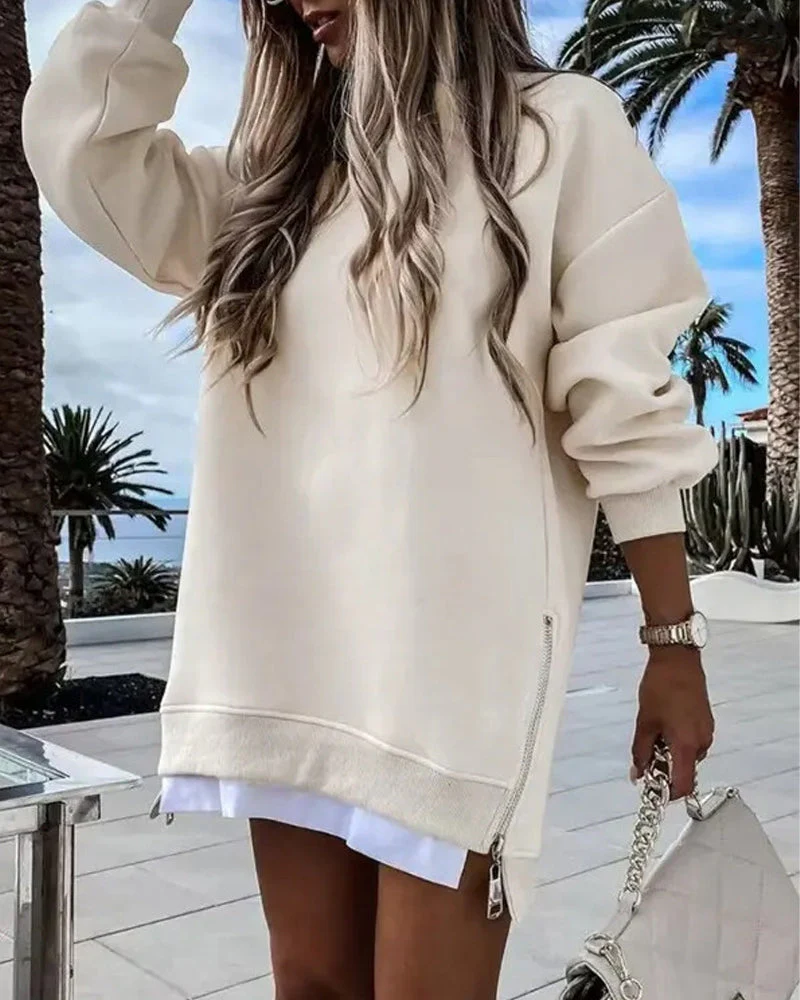 Casual Long Sleeve Zipper Slit Oversized Sweatshirt - Image 8