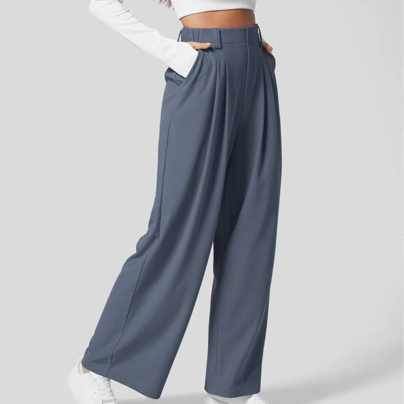High Waisted Plicated Side Pocket Wide Leg Waffle Work Pants - Image 13