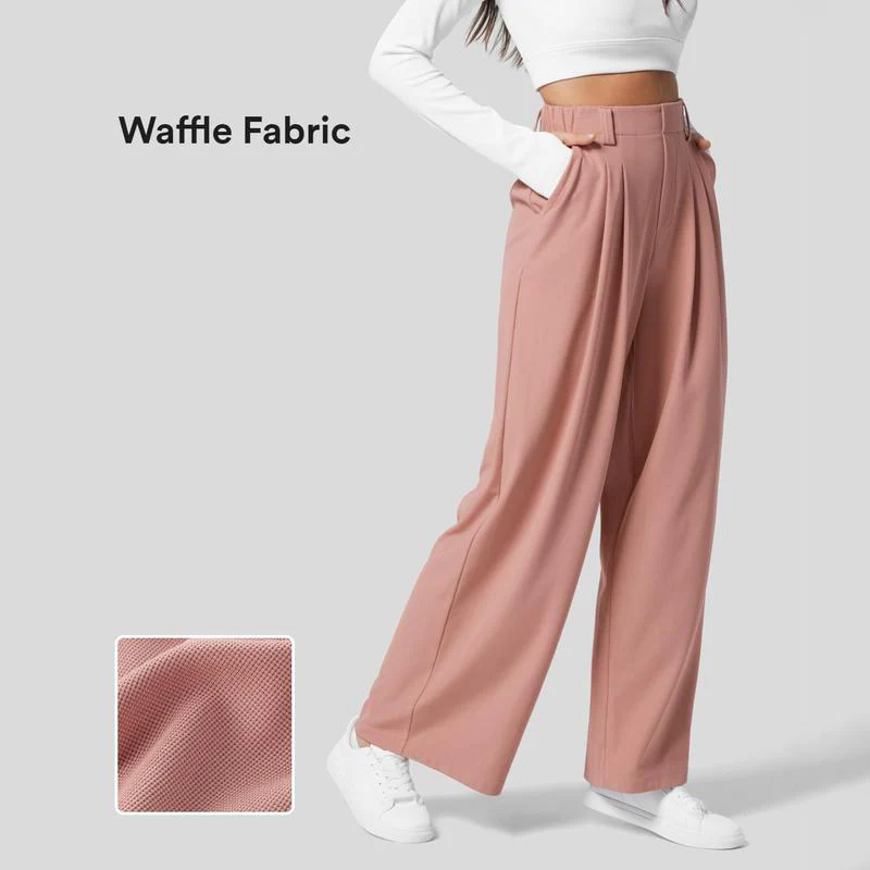 High Waisted Plicated Side Pocket Wide Leg Waffle Work Pants - Image 2