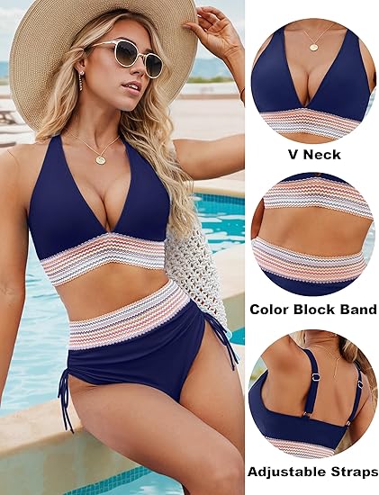 High Waisted Tummy Control Color Block Bikini Sets - Image 14