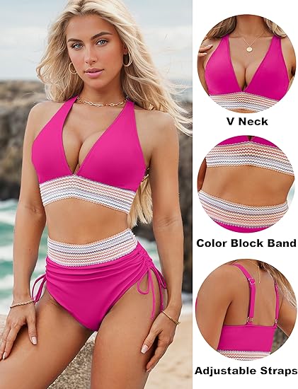 High Waisted Tummy Control Color Block Bikini Sets - Image 18