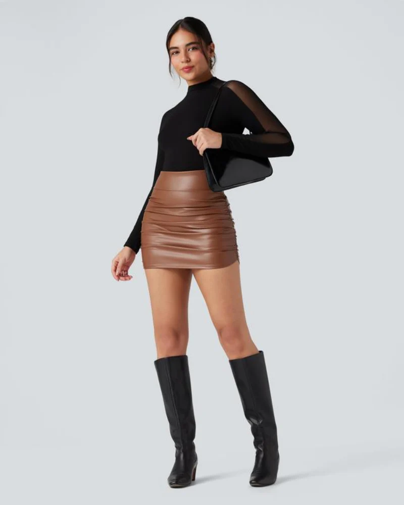 High Waisted Tummy Control Ruched Fleece Mini Skirt - Image 6