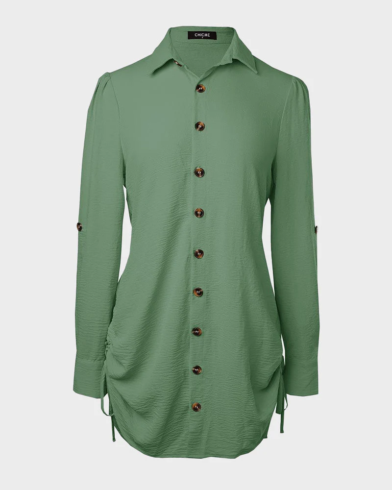 Long Sleeve Button Down Drawstring Shirt Dress - Image 19