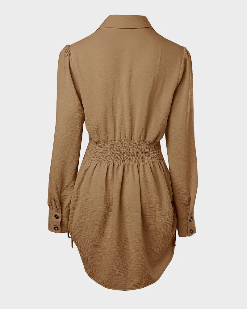 Long Sleeve Button Down Drawstring Shirt Dress - Image 28