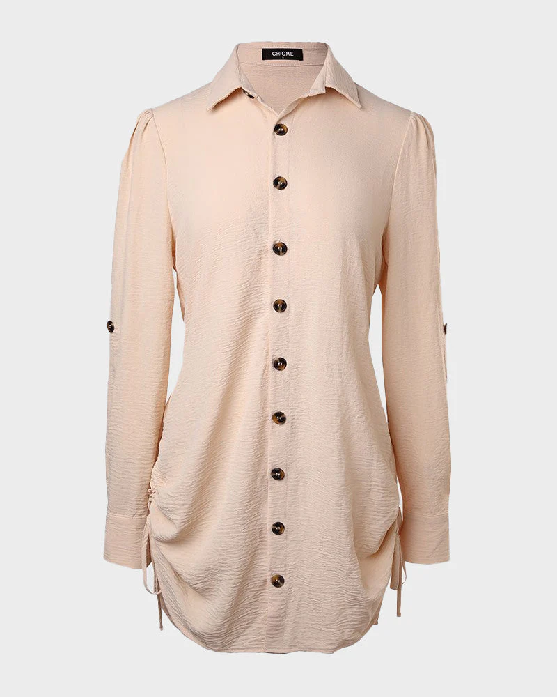 Long Sleeve Button Down Drawstring Shirt Dress - Image 35