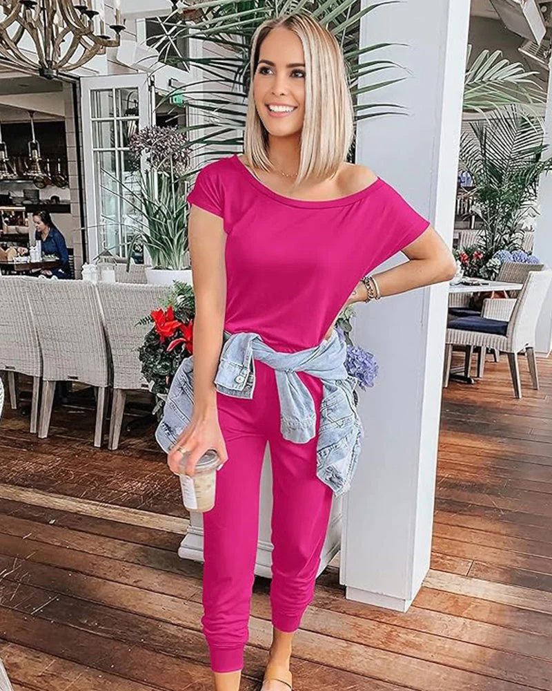 Off-Shoulder Short Sleeve Beam Foot Jumpsuit - Image 10
