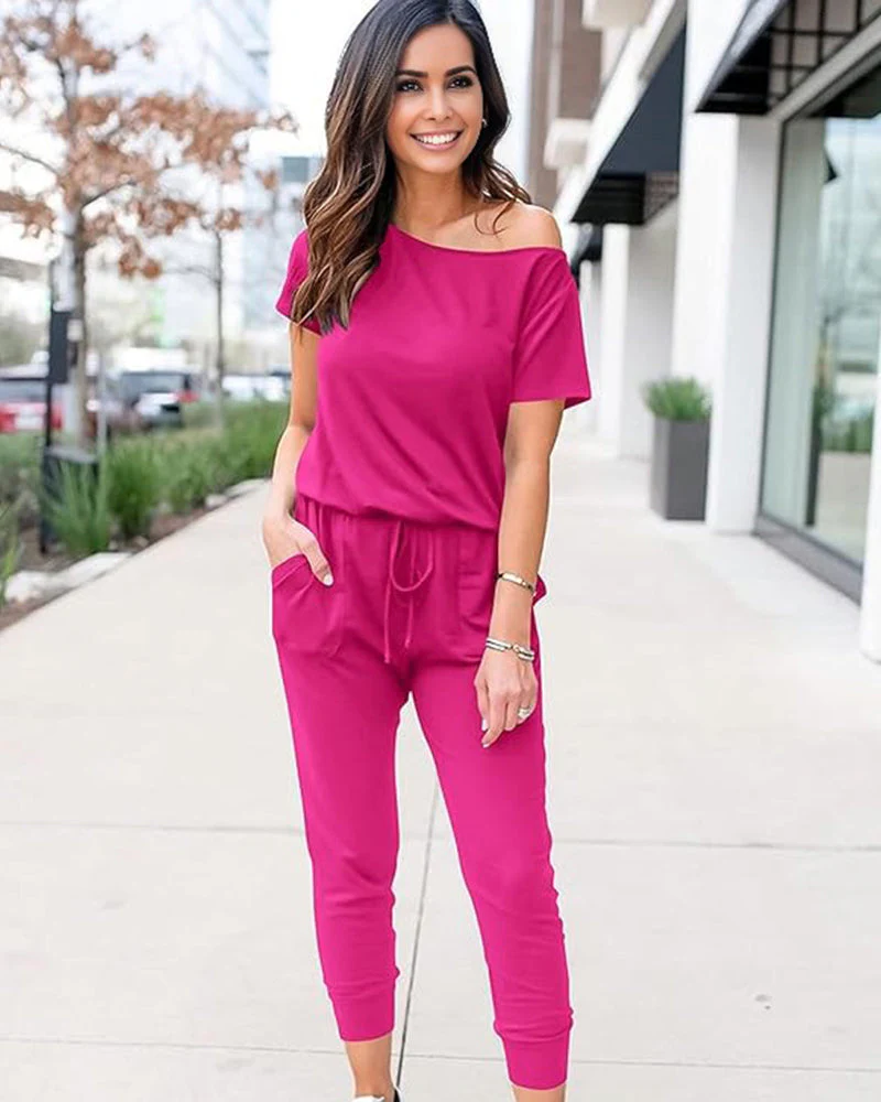 Off-Shoulder Short Sleeve Beam Foot Jumpsuit - Image 8