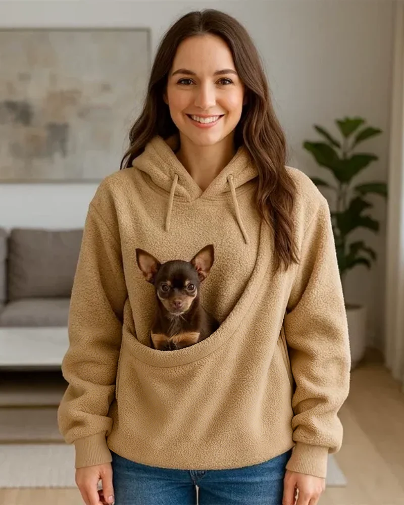 Women's Pet Pocket Hoodie Oversized Plush Carrier Pullover - Image 4