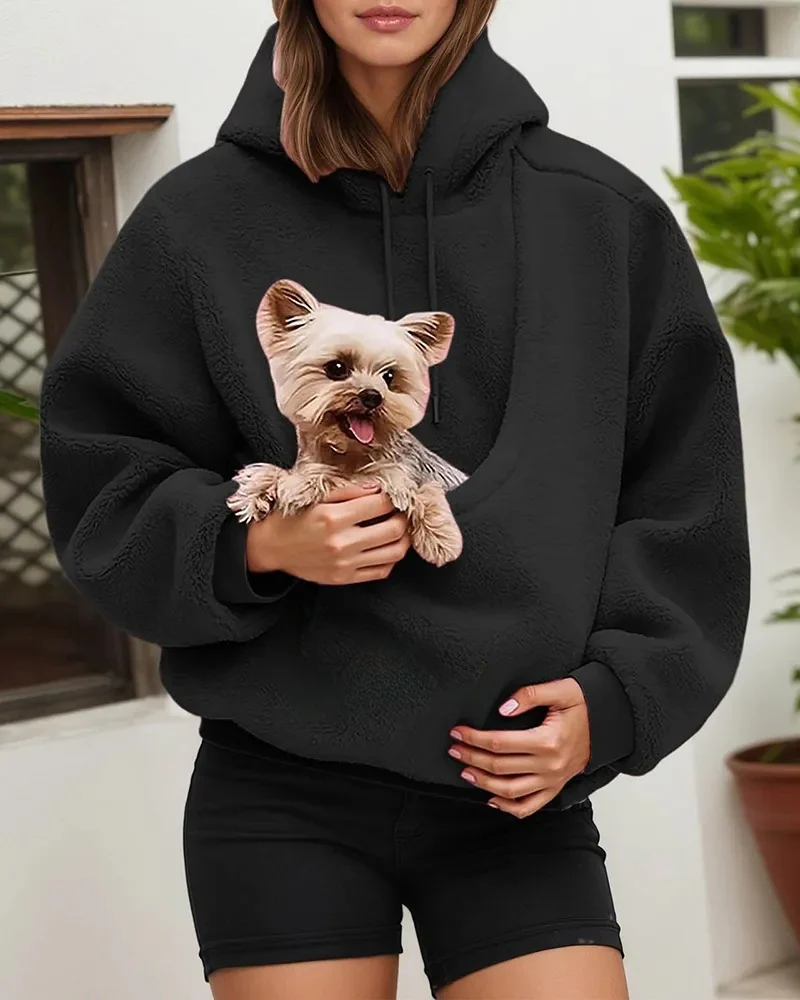Women's Pet Pocket Hoodie Oversized Plush Carrier Pullover - Image 7