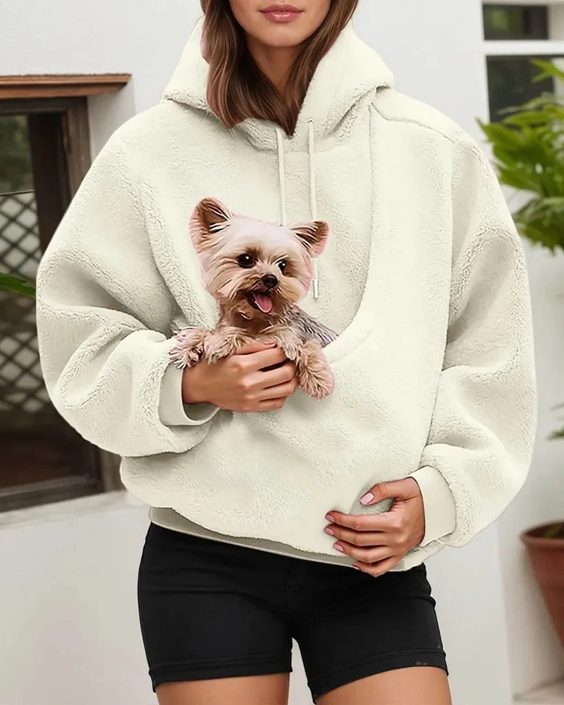 Women's Pet Pocket Hoodie Oversized Plush Carrier Pullover - Image 9