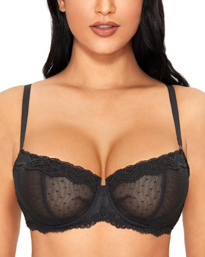 Sexy Lace Bra Underwire Balconette Unlined Demi Sheer Plus Size - Image 3
