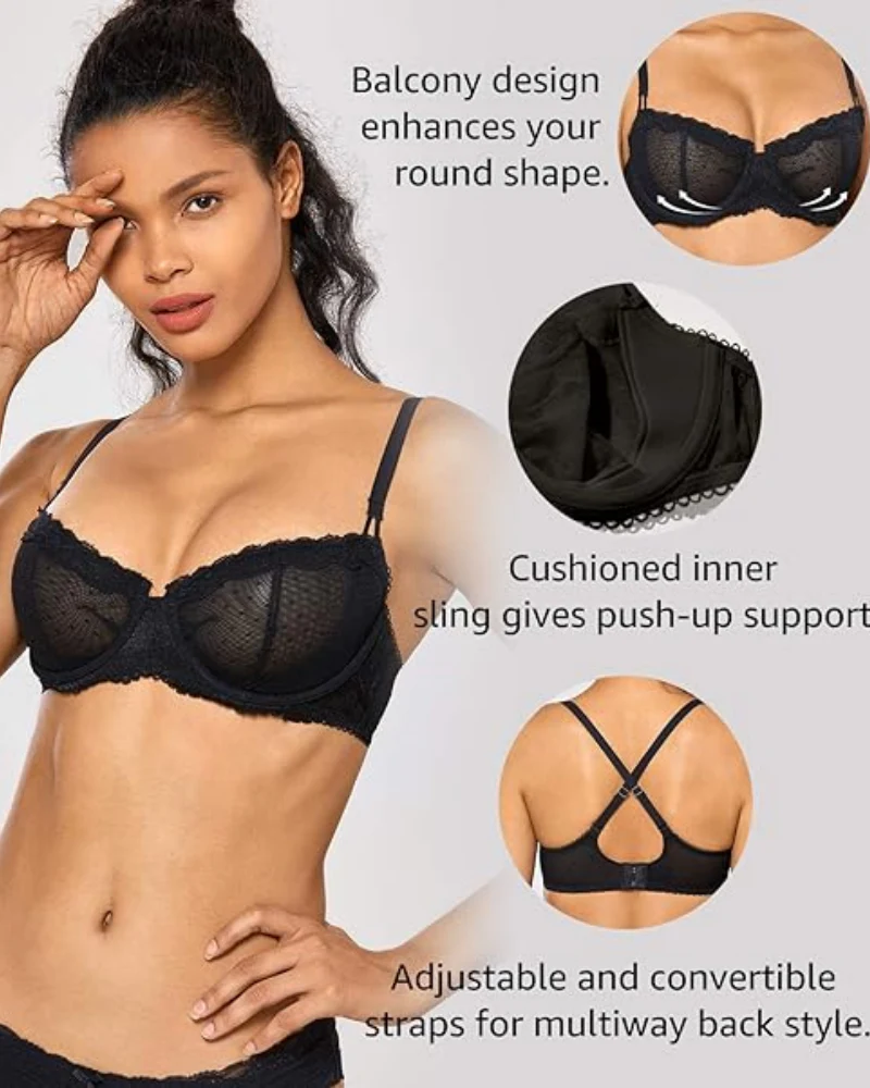 Sexy Lace Bra Underwire Balconette Unlined Demi Sheer Plus Size - Image 5