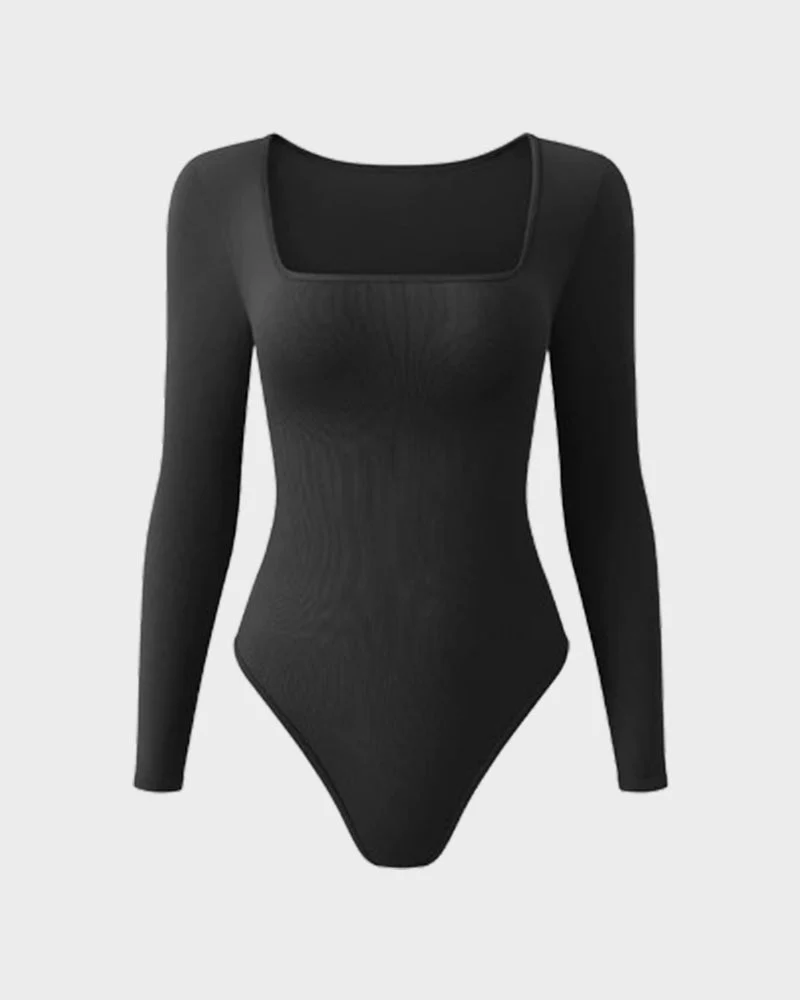 Ribbed Square Neck Long Sleeve Bodysuit - Image 2
