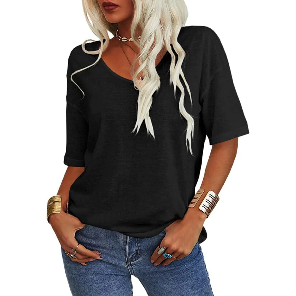 Women's Solid Color V-Neck T-shirt - Image 2