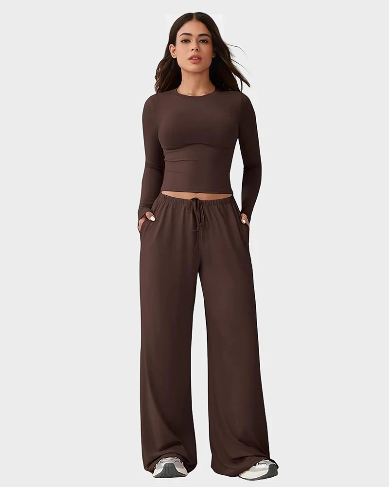Wide-Leg Lounge Set for Women Stretchy Crop Top & Pants - Image 11