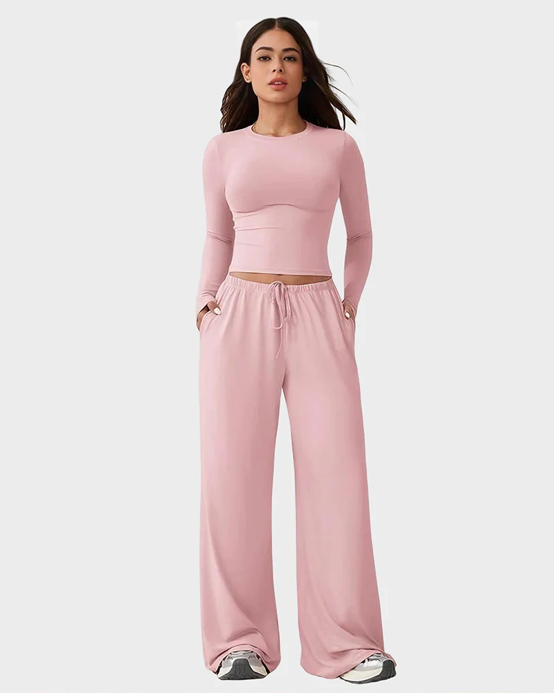 Wide-Leg Lounge Set for Women Stretchy Crop Top & Pants - Image 12