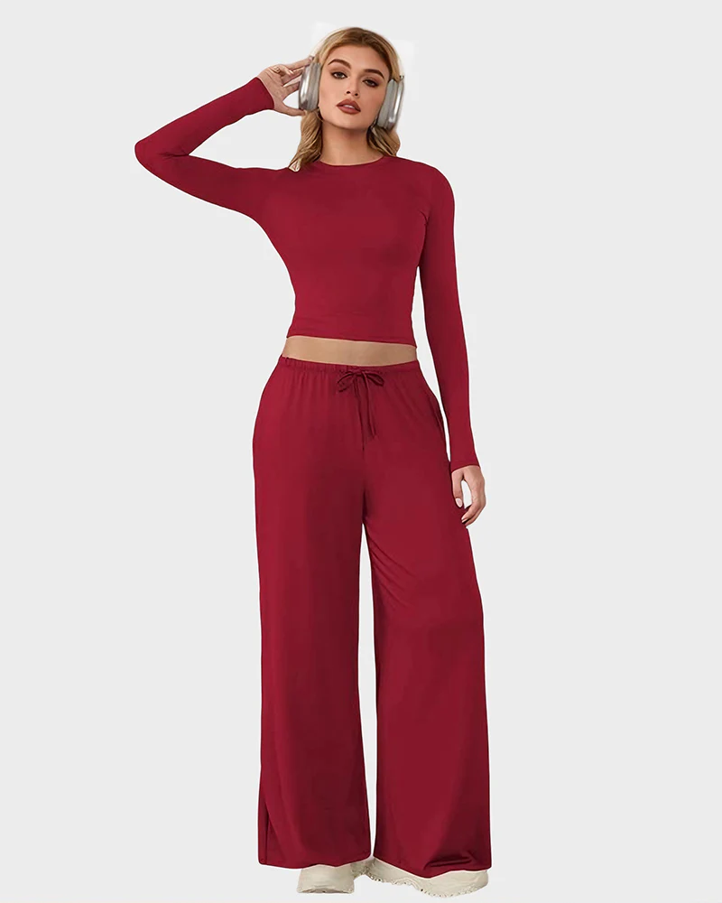 Wide-Leg Lounge Set for Women Stretchy Crop Top & Pants - Image 2