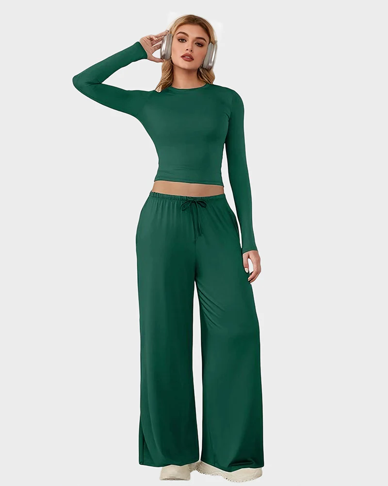 Wide-Leg Lounge Set for Women Stretchy Crop Top & Pants - Image 7
