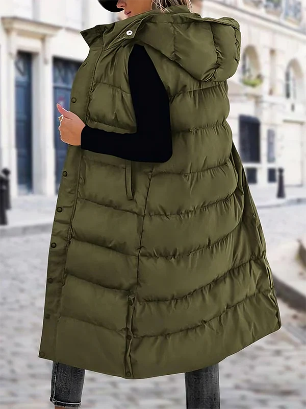 Women's Long Puffer Vest | Quilted Hood & Button Closure - Image 2
