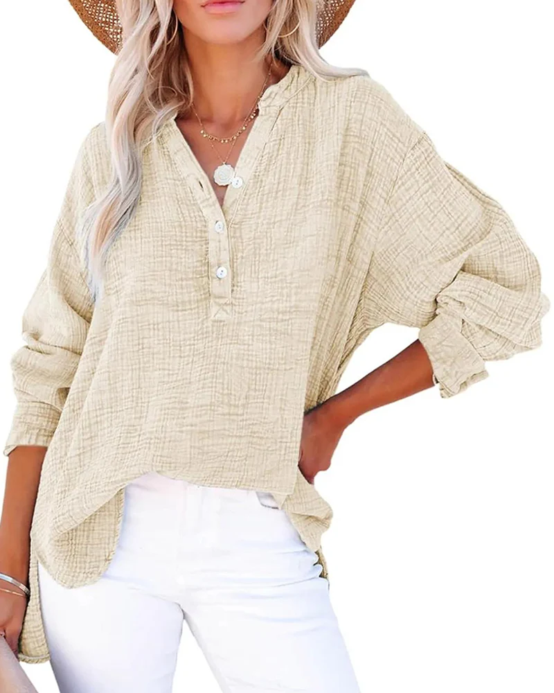 Womens Casual Button V Neck Long Sleeve Shirts Solid Blouses Tops - Image 10