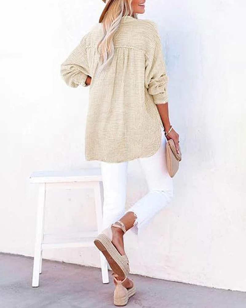 Womens Casual Button V Neck Long Sleeve Shirts Solid Blouses Tops - Image 11
