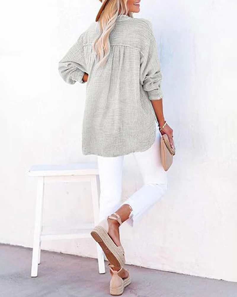 Womens Casual Button V Neck Long Sleeve Shirts Solid Blouses Tops - Image 14
