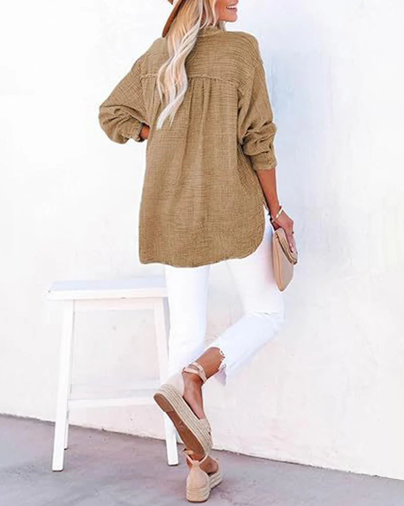 Womens Casual Button V Neck Long Sleeve Shirts Solid Blouses Tops - Image 16