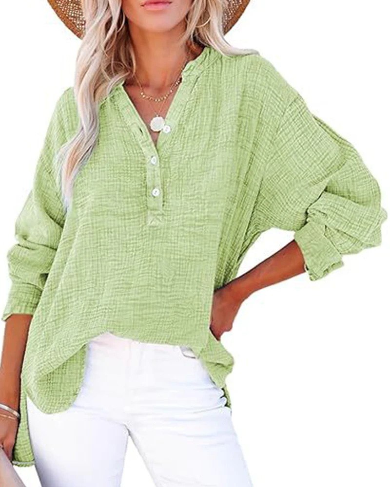Womens Casual Button V Neck Long Sleeve Shirts Solid Blouses Tops - Image 17