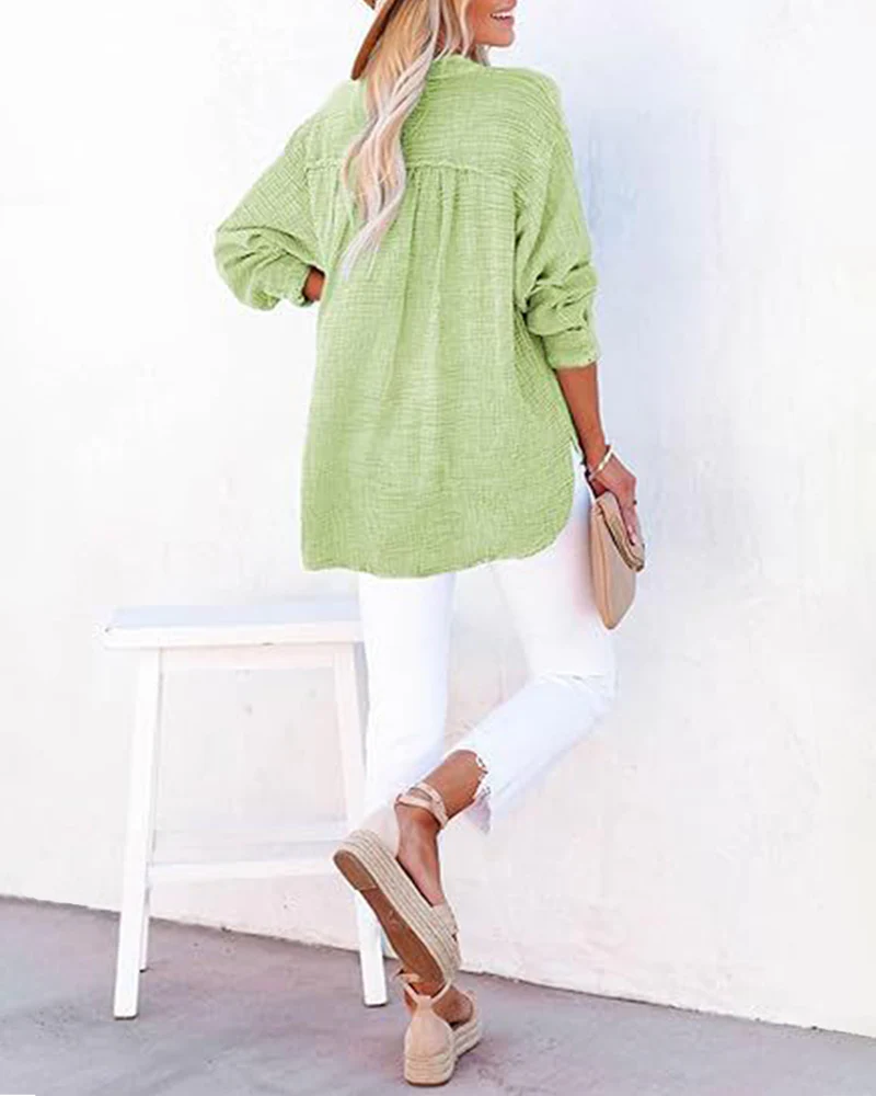 Womens Casual Button V Neck Long Sleeve Shirts Solid Blouses Tops - Image 18