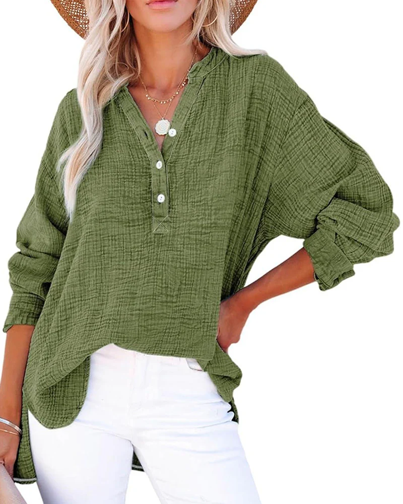 Womens Casual Button V Neck Long Sleeve Shirts Solid Blouses Tops - Image 3