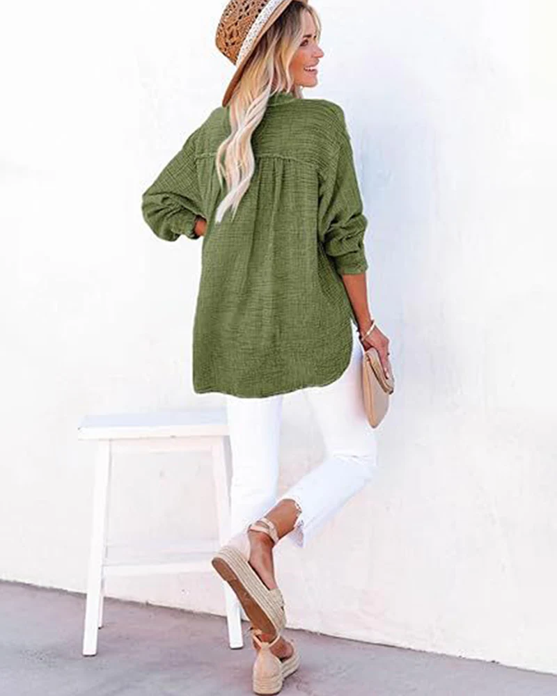 Womens Casual Button V Neck Long Sleeve Shirts Solid Blouses Tops - Image 4