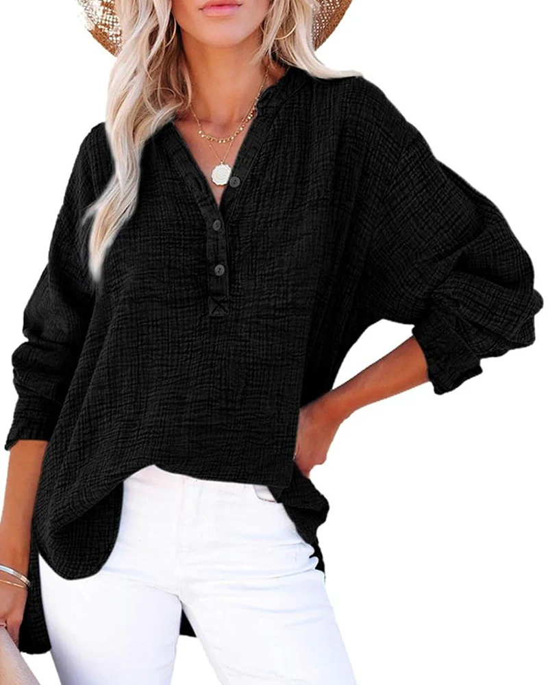 Womens Casual Button V Neck Long Sleeve Shirts Solid Blouses Tops - Image 5