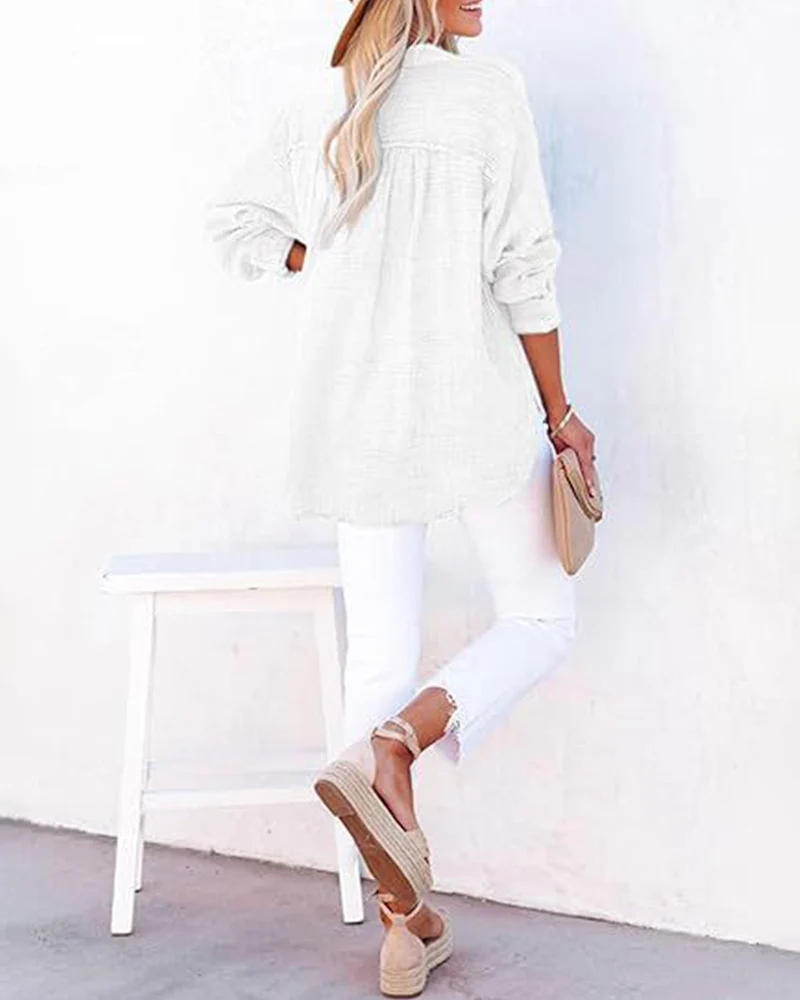 Womens Casual Button V Neck Long Sleeve Shirts Solid Blouses Tops - Image 8