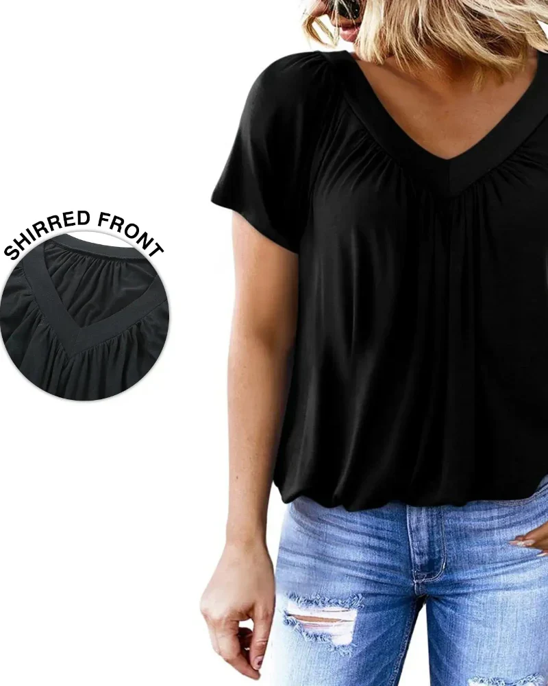 Women's Casual Summer V Neck Short Sleeve T Shirt Loose Fit Comfort Shirred Top - Image 3