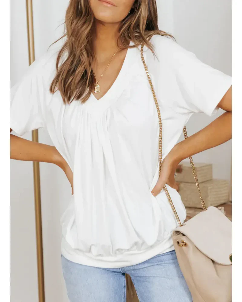 Women's Casual Summer V Neck Short Sleeve T Shirt Loose Fit Comfort Shirred Top - Image 4