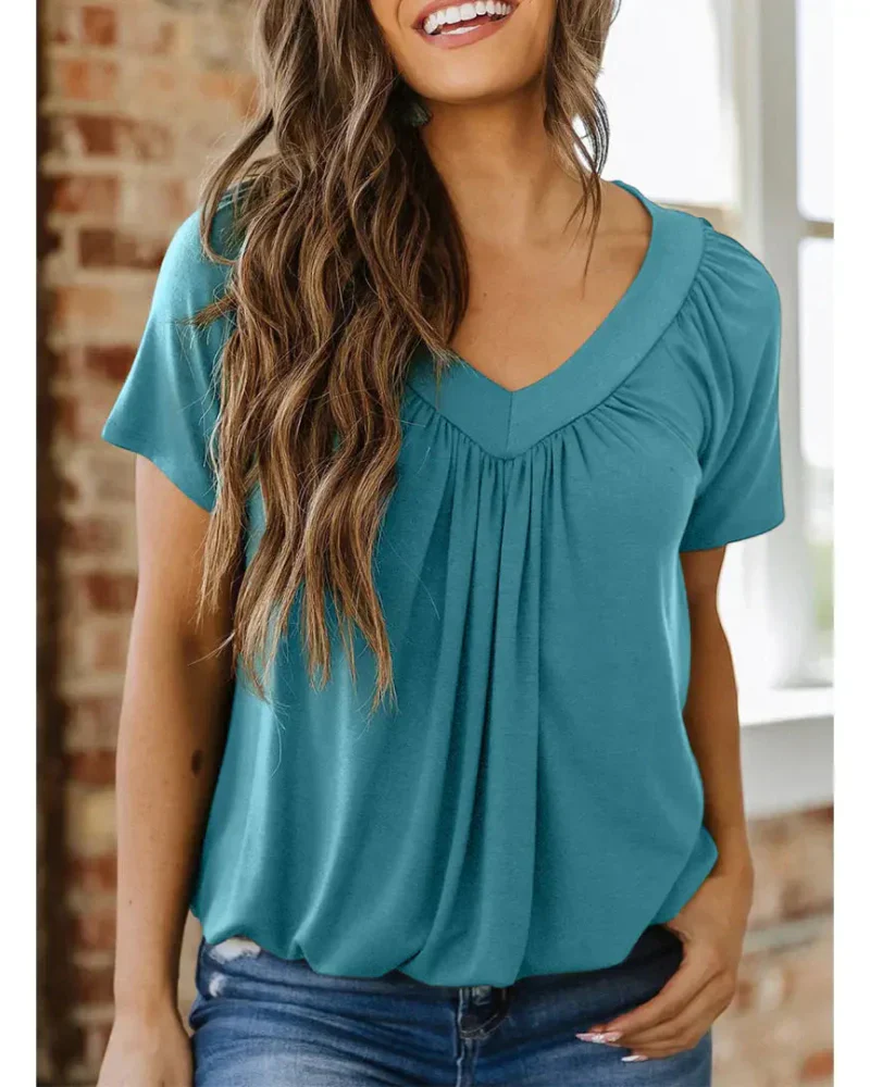 Women's Casual Summer V Neck Short Sleeve T Shirt Loose Fit Comfort Shirred Top - Image 7