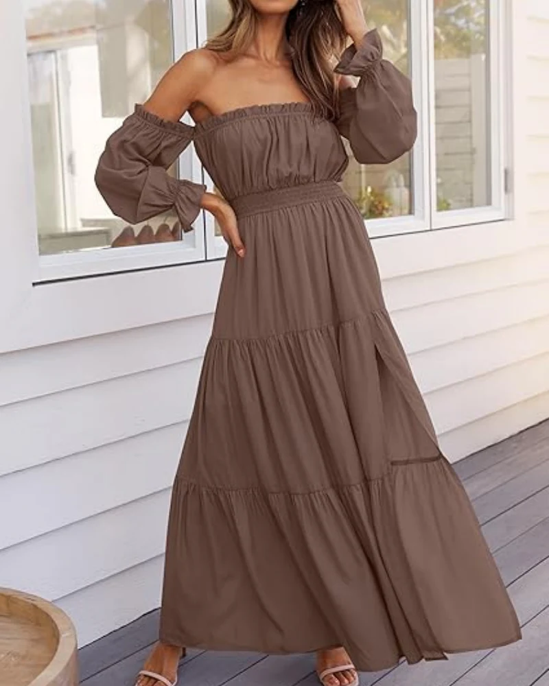 Women's Off Shoulder Maxi Dress Smocked High Waist with Side Slit - Image 15