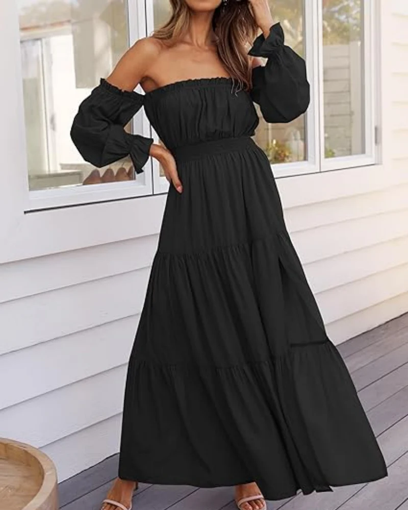 Women's Off Shoulder Maxi Dress Smocked High Waist with Side Slit - Image 2