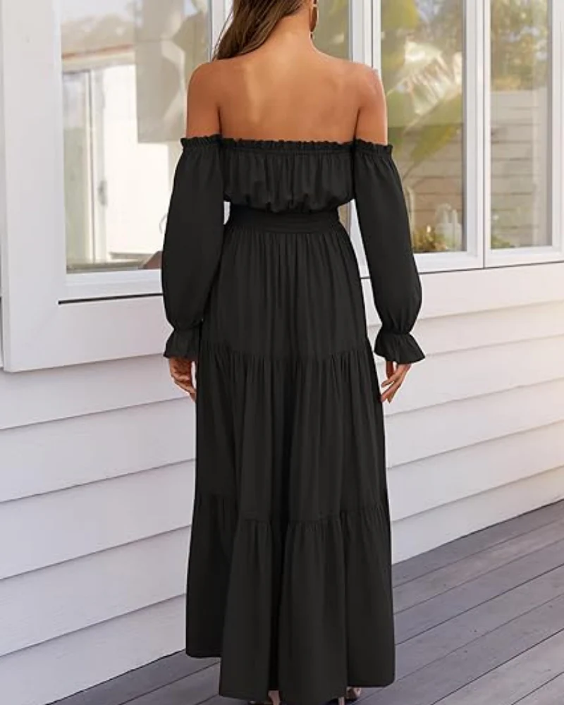 Women's Off Shoulder Maxi Dress Smocked High Waist with Side Slit - Image 3