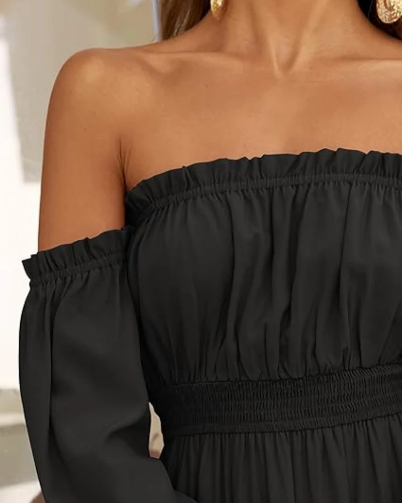 Women's Off Shoulder Maxi Dress Smocked High Waist with Side Slit - Image 4