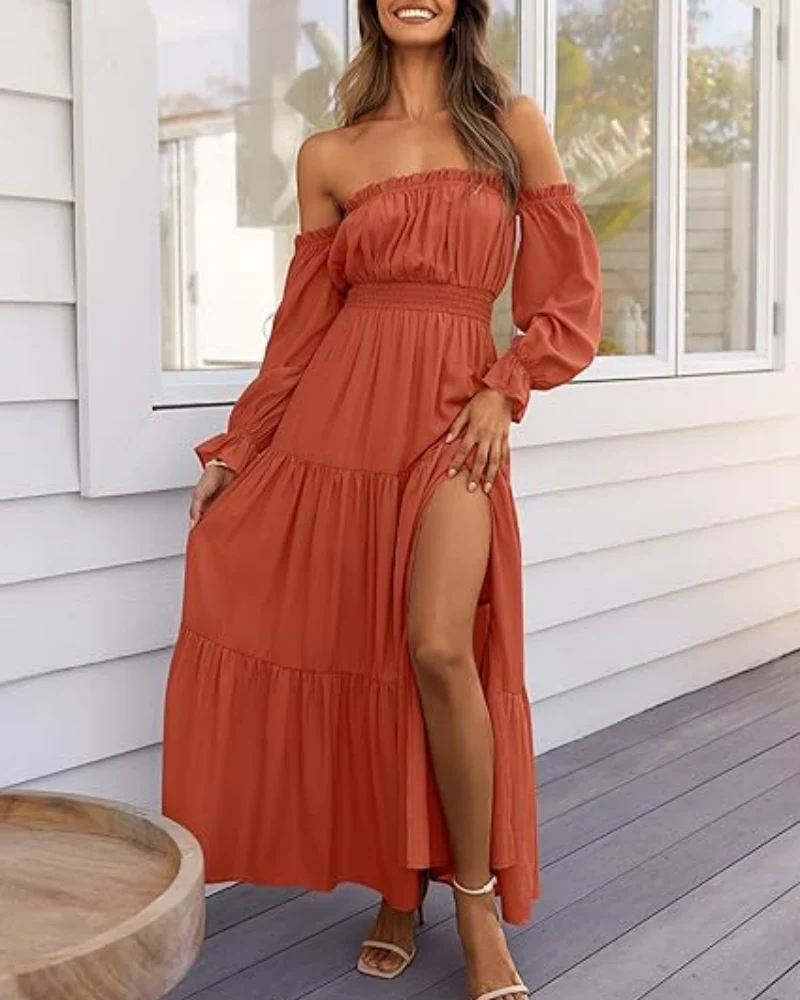 Women's Off Shoulder Maxi Dress Smocked High Waist with Side Slit - Image 5