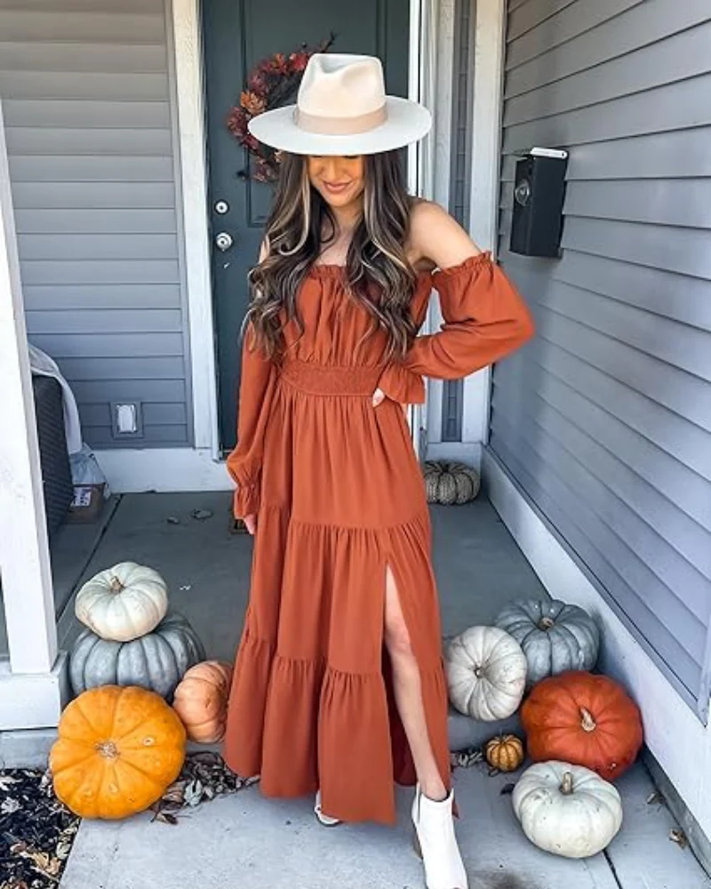 Women's Off Shoulder Maxi Dress Smocked High Waist with Side Slit - Image 7