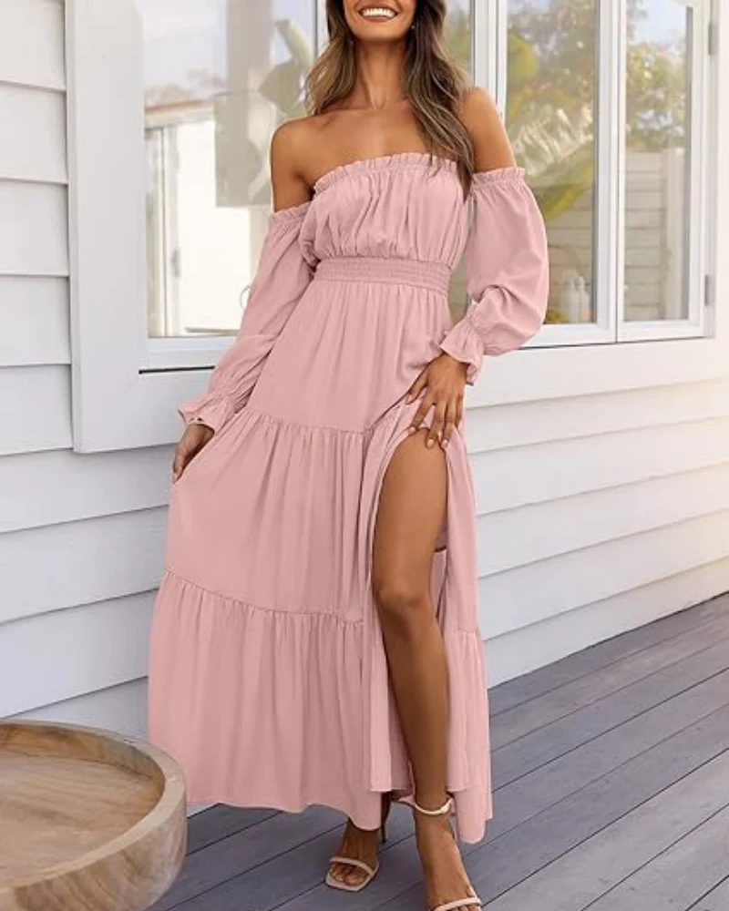 Women's Off Shoulder Maxi Dress Smocked High Waist with Side Slit - Image 9
