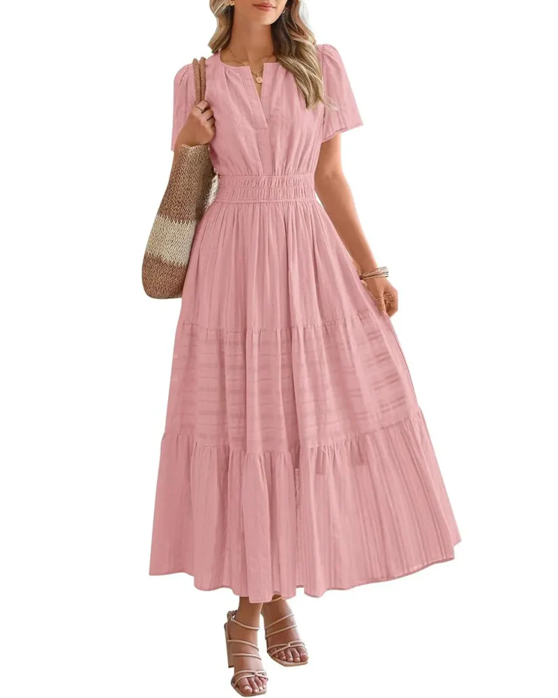 Womens Summer Lightweight Short Sleeve V Casual Midi Maxi Dresses - Image 13